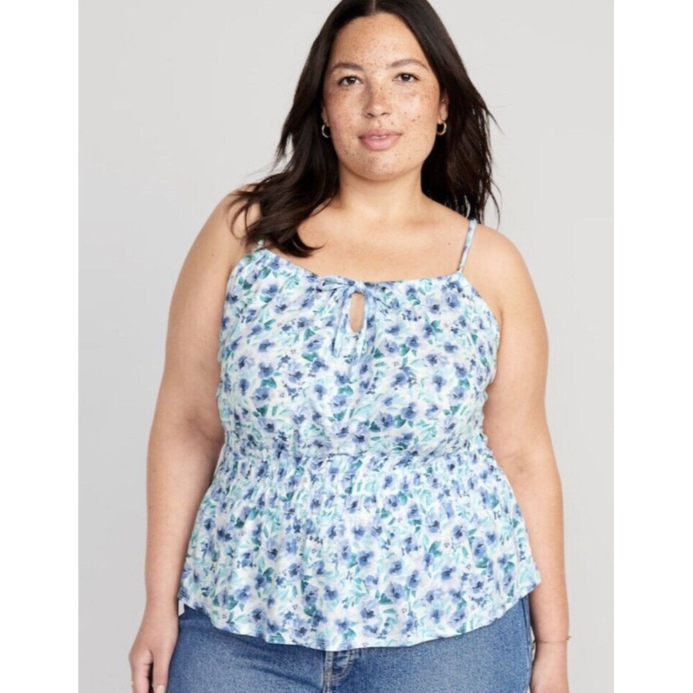 NWT Old Navy Women Floral Sleeveless Linen Blend Smocked Top Blue Green White 3X